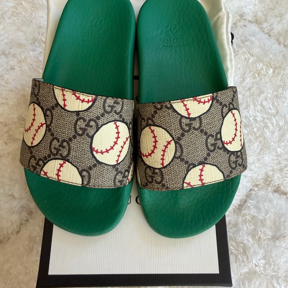 Gucci Green GG Baseball Print Kids Slide Sandals